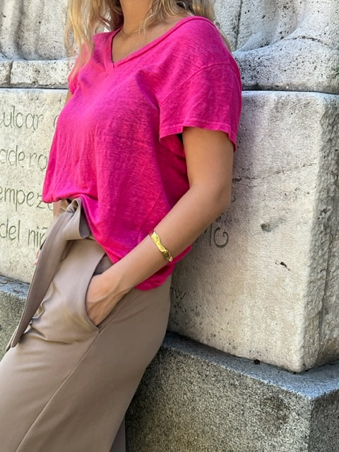 Pink V-Neck Short Sleeve Linen T-Shirt