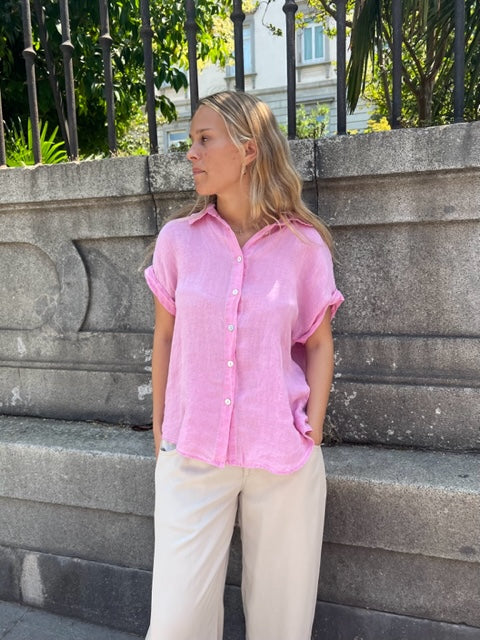 Pink Short Sleeve Linen Shirt