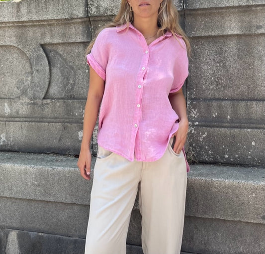 Pink Short Sleeve Linen Shirt