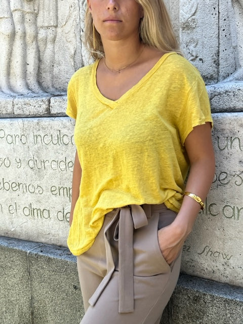 Yellow V-Neck Short Sleeve Linen T-Shirt