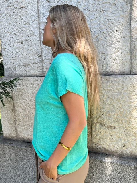 Turquoise Round Neck Short Sleeve Linen T-Shirt