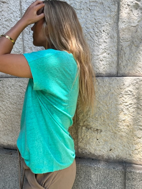 Turquoise Round Neck Short Sleeve Linen T-Shirt